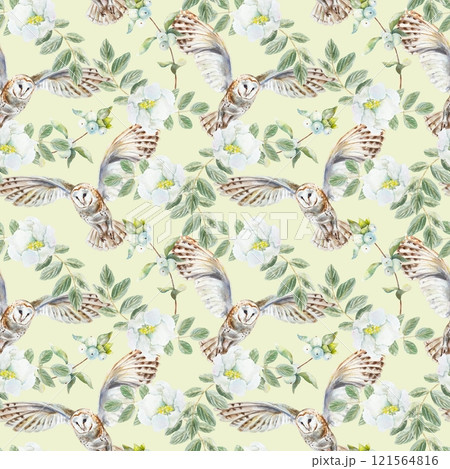Barn owl with green twigs and white flowers seamless pattern. Watercolor illustration on green background. Wrapping paper, wallpaper, fabric, covers. 121564816