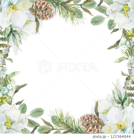 Flower frame with greenery. White rose hip, spruce branch, snowberry, pine cone. Watercolor illustration isolated. Cards, invitations, banners, labels Flower frame with greenery. White rose hip, spruce branch, snowberry, pine cone. Watercolor illustration isolated. Cards, invitations, banners, labels 121564844