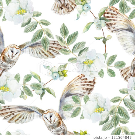 Barn owl with green twigs and white flowers seamless pattern, rapport. Watercolor illustration isolated. Wrapping paper, textile, wallpaper, covers. 121564845