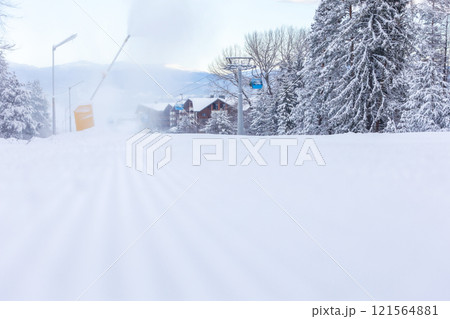 Ski resort Bansko, Bulgaria, gondola ski lift cabins 121564881