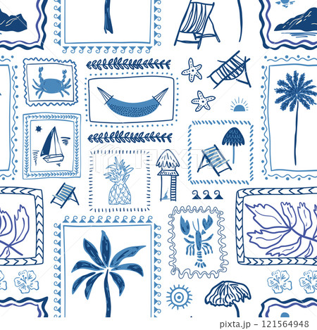 Blue summer tropical beach seamless pattern. Vector hand drawn palm tree, cute vacation story design 121564948