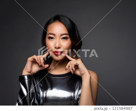 頬に手を当てるポーズを取る美しい女性 頬に手を当てるポーズを取る美しい女性 121564987