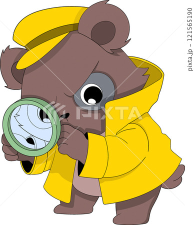 Detective Bear Illustration in Yellow Coat with Magnifying Glass Logo 121565190