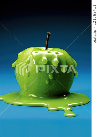 Apple covered in green paint. Generative Ai 121565411