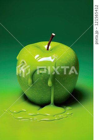 Apple covered in green paint. Generative Ai 121565412