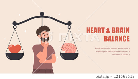 Balance between Heart and Brain. Wellness concept. Man looking at scales with love in one side and practical in opposite. Vector illustration in flat cartoon style 121565518