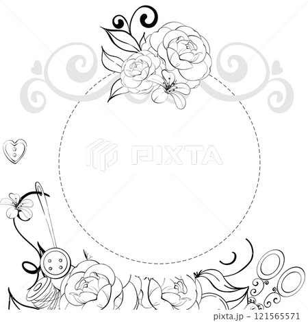 Vintage Circle frame with roses for labels, design. Vintage flowers old fashion, tailoring for postcard, fabric, printing. Graphic vector line, hand drawn, black silhouette 121565571