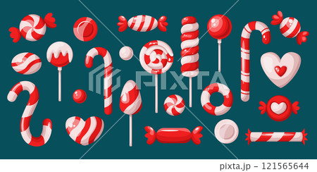 Traditional Christmas candies flat color vector objects set 121565644