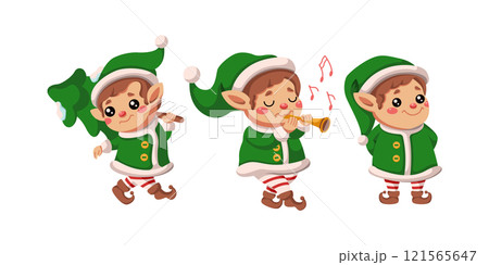 Cute Santa elves celebrating Christmas flat vector icon set 121565647