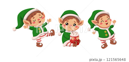 Santa elves dancing and drinking cocoa flat vector icons 121565648