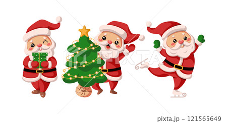 Happy Santa Clauses radiating holiday mood flat vector icons 121565649