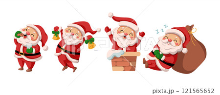 Joyful Santa Clauses brining happiness flat vector icon set Joyful Santa Clauses brining happiness flat vector icon set 121565652