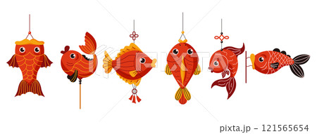 Red paper fish decorations flat color vector objects set 121565654
