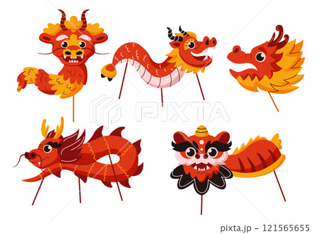 Chinese dragons and lion puppets flat vector objects set 121565655