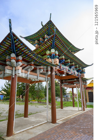 A canopy in the style of Buddhist architecture in Ivolginsky Datsan (monastery) in Buryatia, Russia 121565969