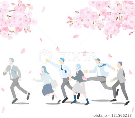 桜と走る学生男女ー横顔ー全身ー卒業入学ー桜舞い散る背景と人物シンプルベクターイラスト素材 121566218