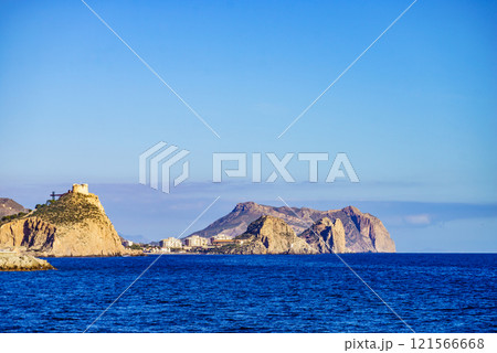 Coastline with castle on cliff, Aguilas, Spain 121566668
