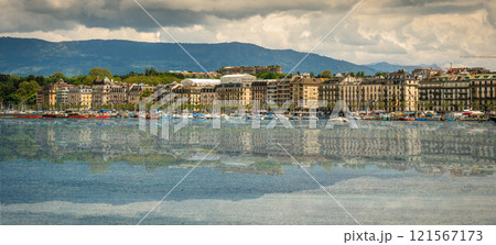 panoramic view of the modern embankment and the center of Geneva, Switzerland 121567173