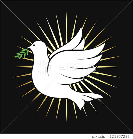 White dove of peace with green branch and golden rays 121567282