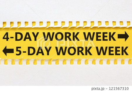 5 or 4 day week symbol. Concept word 5-day work week or 4-day work week on beautiful yellow paper. Beautiful white paper background. Business and 5 or 4 day week concept. Copy space. 121567310