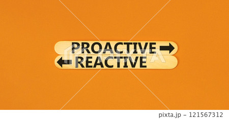 Proactive and reactive symbol. Concept word Proactive Reactive on beautiful wooden stick. Beautiful orange table orange background. Business proactive and reactive concept. Copy space. Proactive and reactive symbol. Concept word Proactive Reactive on beautiful wooden stick. Beautiful orange table orange background. Business proactive and reactive concept. Copy space. 121567312