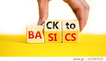 Back to basics symbol. Concept words Back to basics on wooden block. Beautiful yellow table white background. Businessman hand. Business back to basics concept. Copy space. 121567315