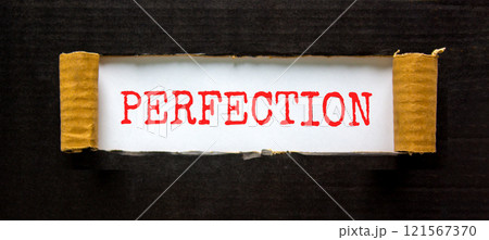 Perfection symbol. Concept word Perfection on beautiful white paper. Beautiful black paper background. Business perfection concept. Copy space. 121567370