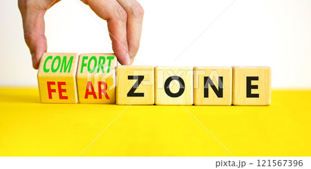 Comfort or fear zone symbol. Concept words Comfort zone Fear zone on wooden cubes. Beautiful yellow table white background. Psychologist hand. Business and comfort or fear zone concept. Copy space. 121567396