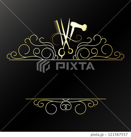 Comb, scissors, hair dryer hair salon sign. Golden symbol signboard frame beauty salon Comb, scissors, hair dryer hair salon sign. Golden symbol signboard frame beauty salon 121567557