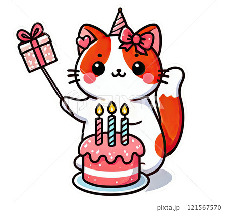 Paper notes, cat with a cake stickers, sticky sheets and tape. 121567570