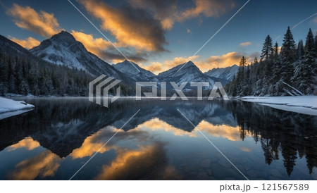 view of snowy mountains and lake view of snowy mountains and lake 121567589