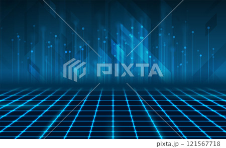 Blue retro futuristic neon cyber grid with abstract geometric tech background 121567718