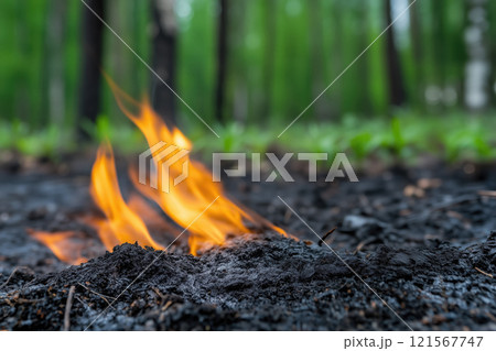 Forest fire, burning vegetation on the ground in the foreground. 121567747