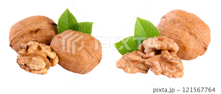 Walnuts with leaf isolated on white background 121567764