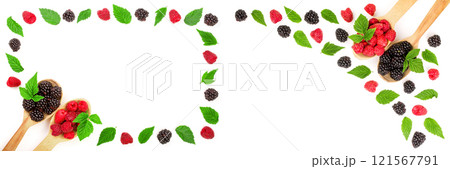 Raspberry blackberry frame isolated on white background with copy space for your text. Top view 121567791