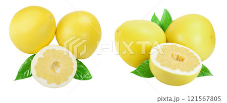 pomelo with slice and leaf isolated on white background with full depth of field. Top view. Flat lay. pomelo with slice and leaf isolated on white background with full depth of field. Top view. Flat lay. 121567805