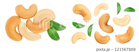 Roasted Cashew nuts isolated on white background  with full depth of field. Top view. Flat lay 121567809