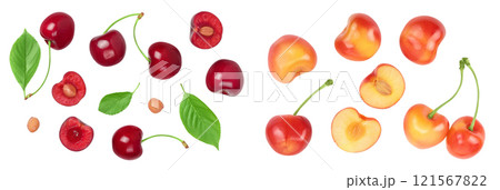 red sweet cherry isolated on white background  . Top view. Flat lay 121567822