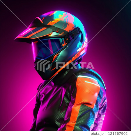 motorcycle helmet with neon lights on a dark background. helmet glass in neon lighting 121567902