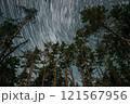 Starlit sky viewed from a forest clearing showcasing star trails and towering pine trees during the night 121567956