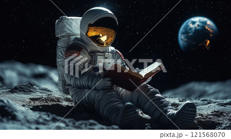 Astronaut reading a book while sitting on the moon's surface with Earth in view. Generative AI 121568070