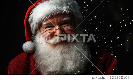 Joyful man dressed as Santa Claus smiling with snowflakes around. Generative AI Joyful man dressed as Santa Claus smiling with snowflakes around. Generative AI 121568102