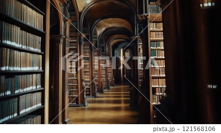 Majestic library corridor with towering shelves filled with books. Generative AI 121568106