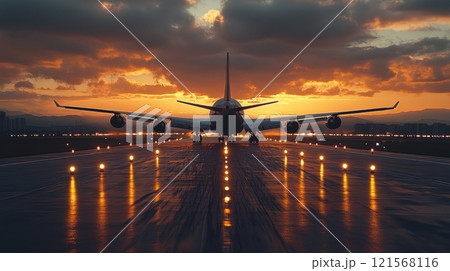 Airplane taxiing on runway during vibrant sunset over the horizon. Generative AI 121568116