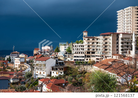 High angle panorama over the traditional village of Kruja, Albania High angle panorama over the traditional village of Kruja, Albania 121568137