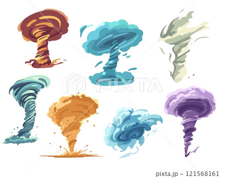 Color twisted tornado. Tropical storms, magic whirlwinds and vortex, dangerous phenomenon, cartoon isolated typhoon effects, swirl windstorm, cyclones in spiral form, vector catastrophe set 121568161