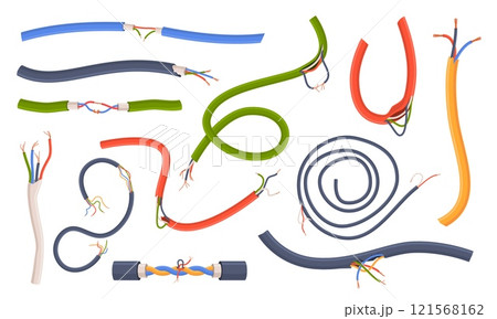 Damaged electric cables. Cartoon torn color cords, broken communication wires, flexible pieces, protruding copper energy wires isolated on white background voltage twisted nowaday vector set Damaged electric cables. Cartoon torn color cords, broken communication wires, flexible pieces, protruding copper energy wires isolated on white background voltage twisted nowaday vector set 121568162