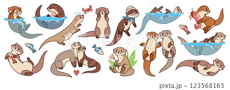 Funny cartoon otters. River, sea mammals, cute water animals, happy pet mascot, different poses, actions, swimming, fishing, couples and mom with kid, tidy vector isolated set Funny cartoon otters. River, sea mammals, cute water animals, happy pet mascot, different poses, actions, swimming, fishing, couples and mom with kid, tidy vector isolated set 121568163