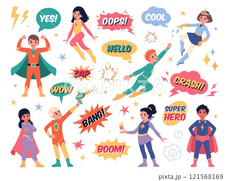 Super children. Comic speeches and short phrases, cute girls and boys in superhero costumes, wearing capes, dynamic poses, speech bubbles, power character cartoon flat isolated vector set 121568169
