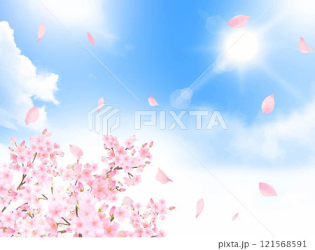 美しく華やかな桜の花と花びら舞い散る春の爽やか青空に雲のベクターフレーム背景素材イラスト 121568591